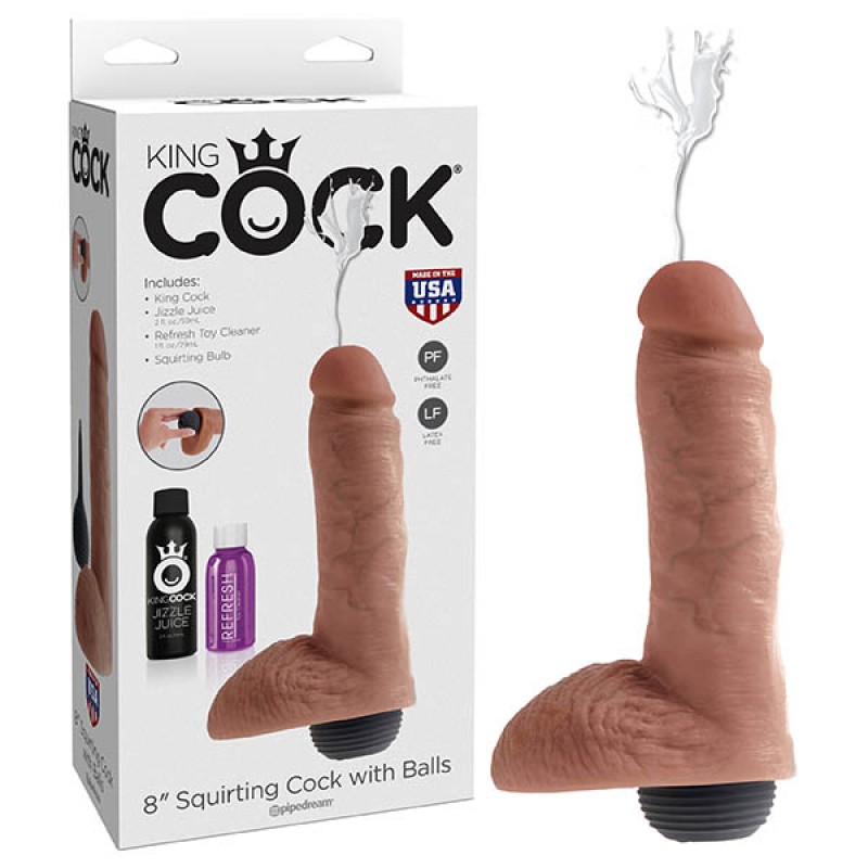 King Cock 8 inch Squirting Dildo with Balls - Tan